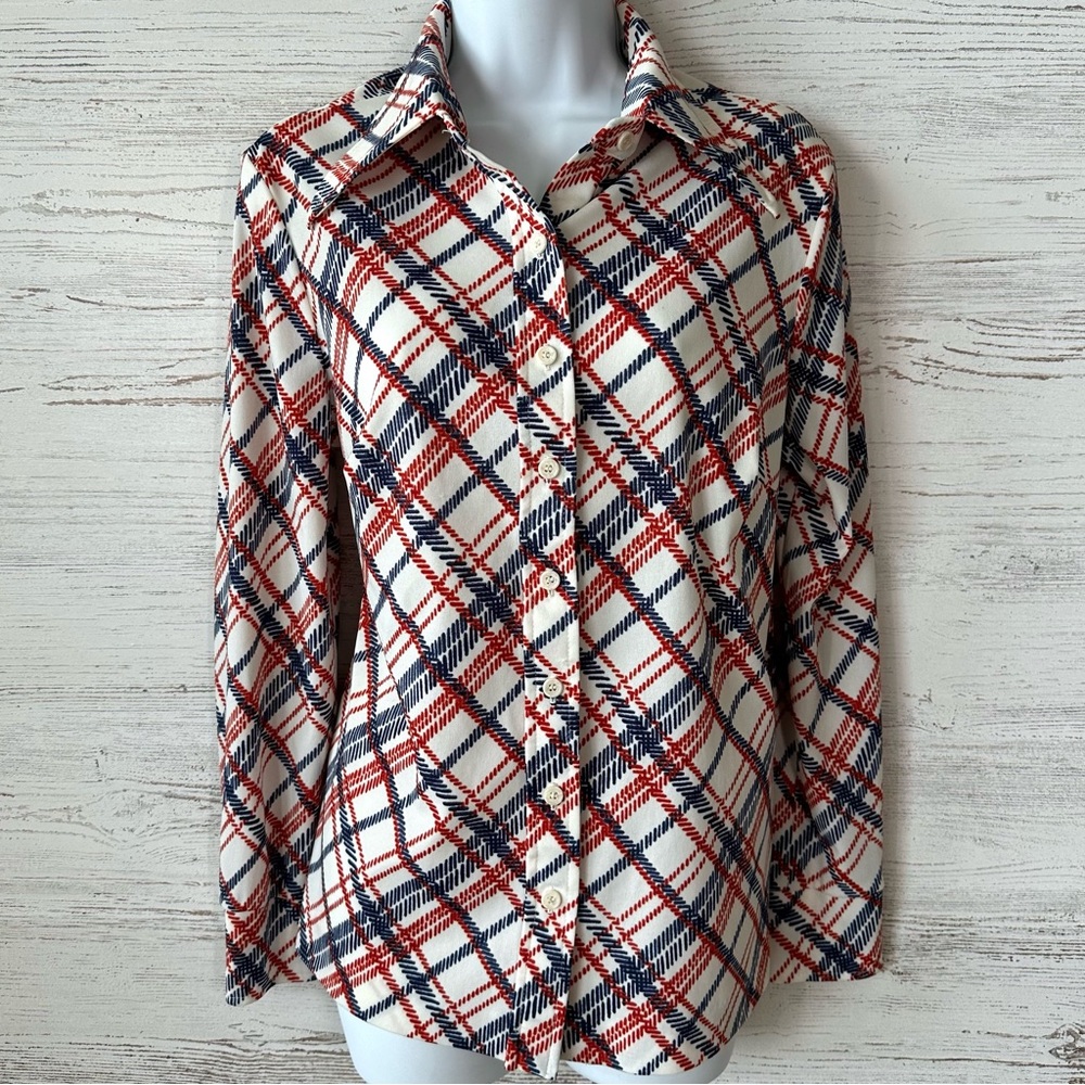 VINTAGE 70s Spear Collar Plaid Stretch Poly Button Down Shirt Union Made in USA